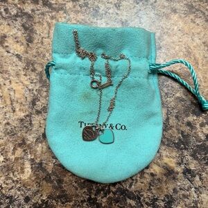 Tiffany & Co. Silver Double Heart Necklace blue enamel